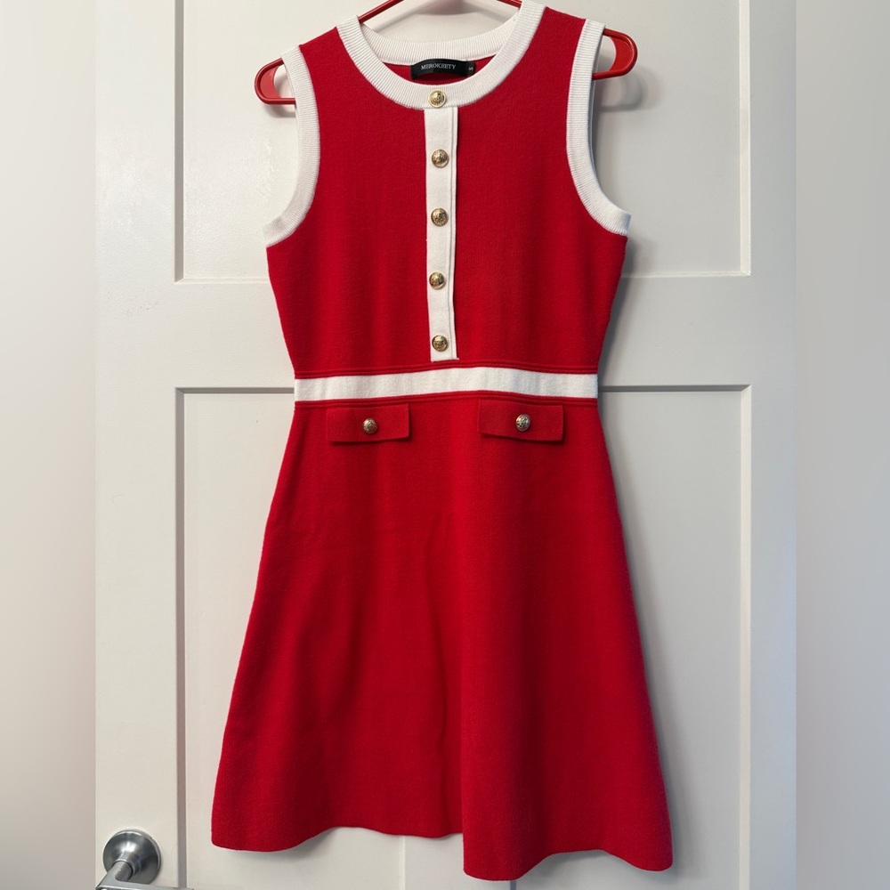 Stylish Red Dress with Gold Button Accents